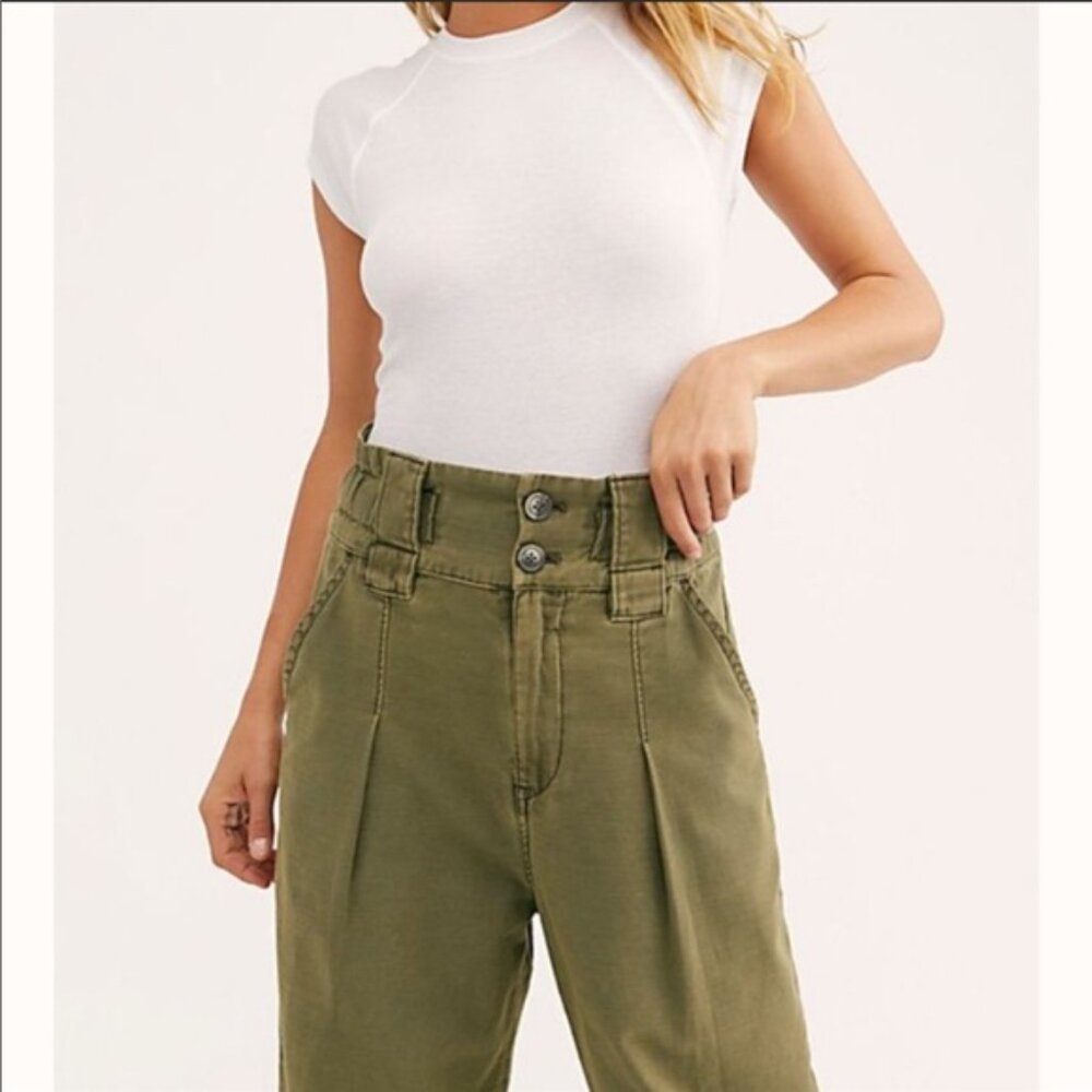 FREE PEOPLE One Way High Waist Wide Leg Crop Pants Size 12 Olive Green - Picture 2 of 11